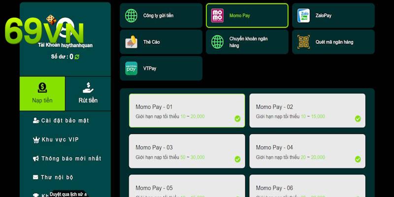 Nạp tiền 69VN thông qua ba loại ví điện tử thông dụng